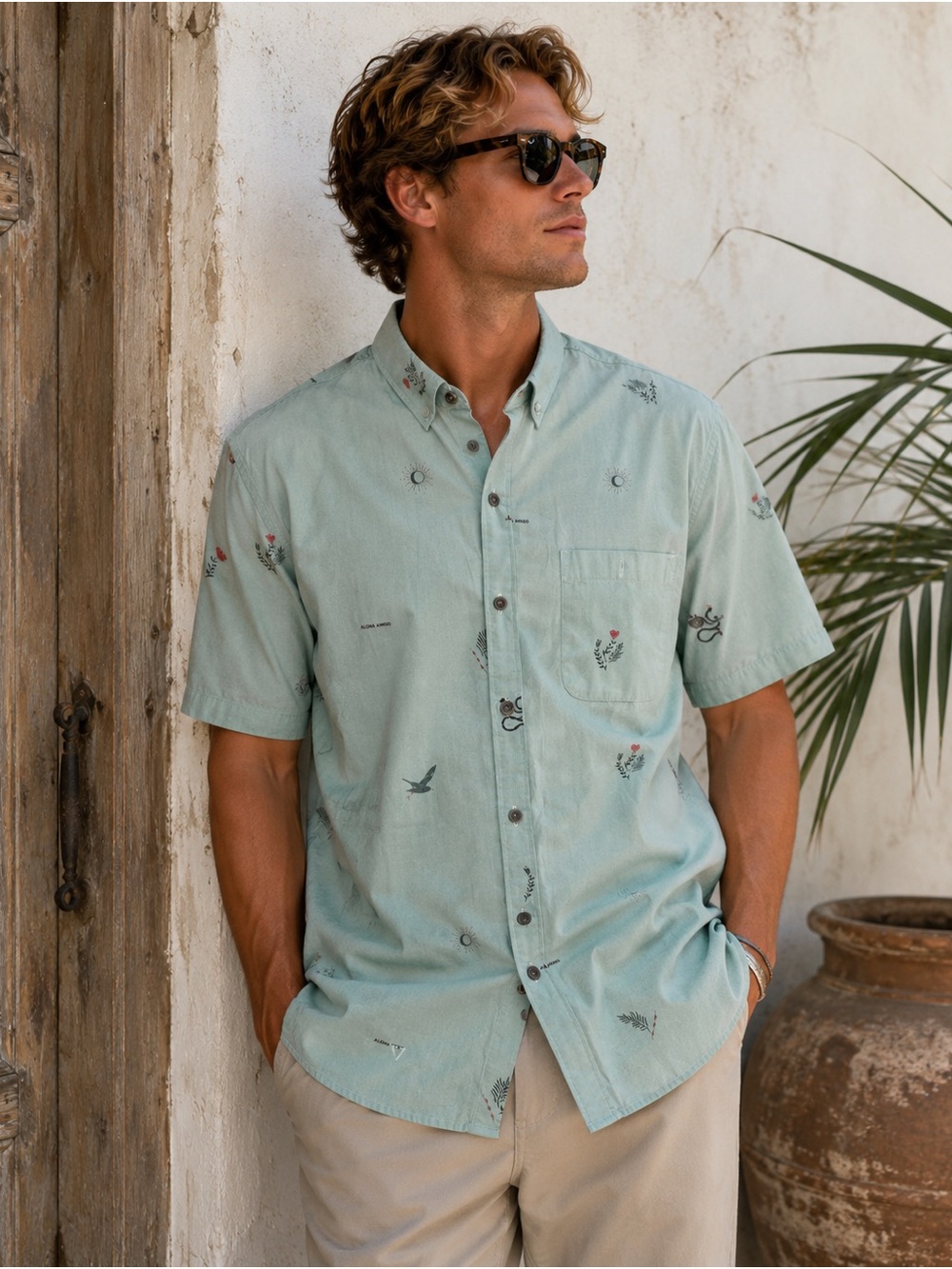 VISSLA Sage Short-Sleeve Button-Down Shirt with Small Motif Print